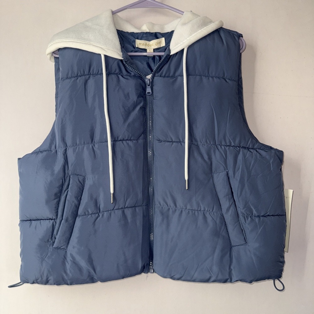 Madden Girl Womens Blue‎ Sleeveless Hooded Full-Zip Puffer Vest Size Large